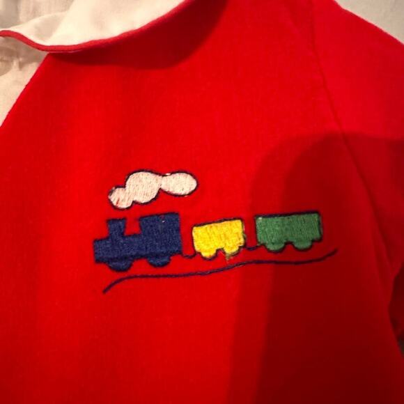 Vintage Layette 3 Piece Red Piping on Shirt, Overalls, Jacket w/Train Size 6/9mo - Picture 11 of 12